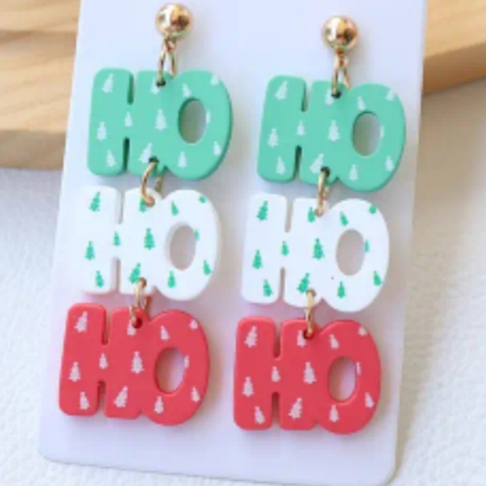 christmas earrings colorful long holiday green red acrylic Festive 'Ho Ho Ho'